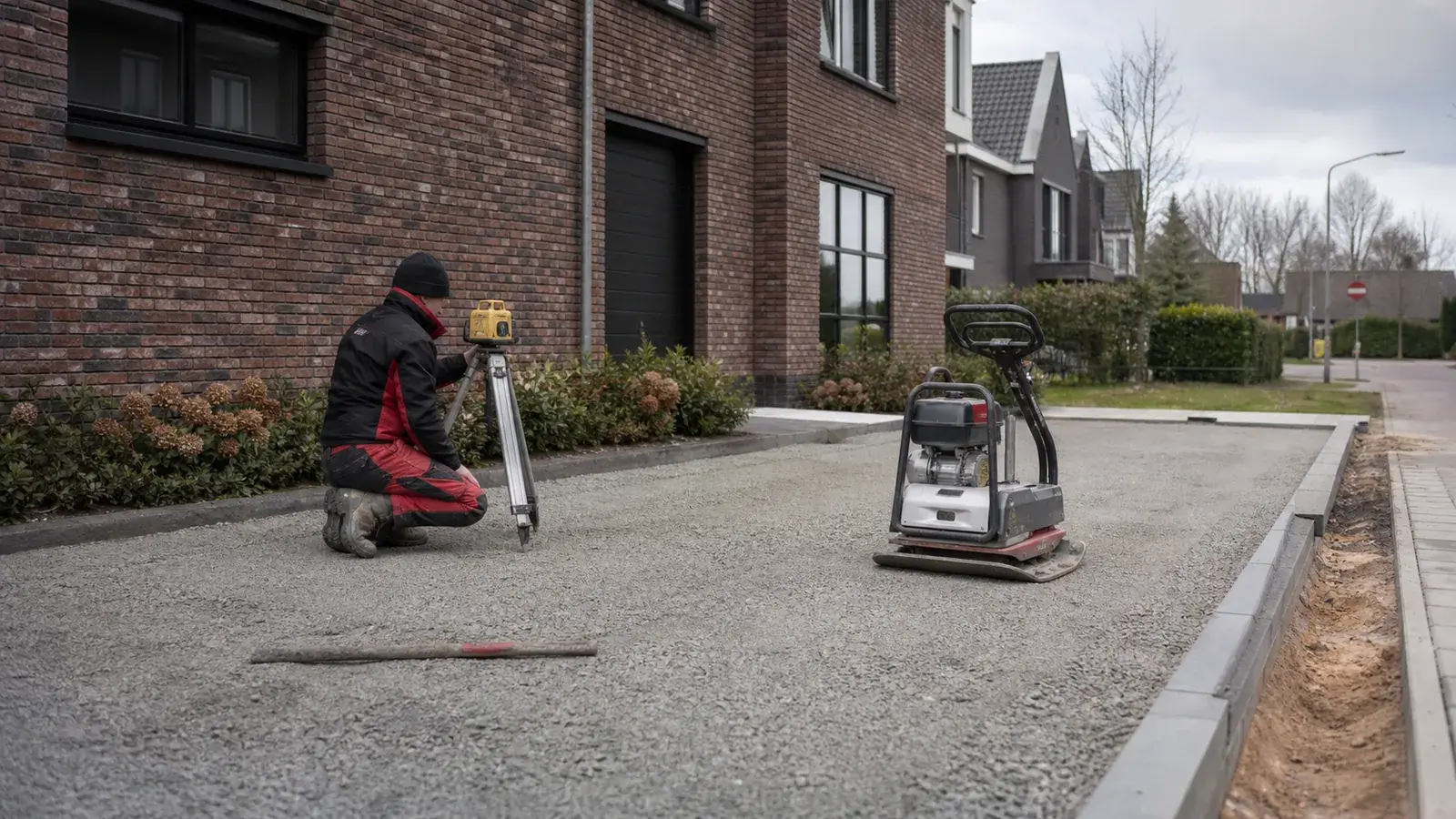 Nederlandse vakman controleert een verdichte funderingslaag voor een particuliere oprit
