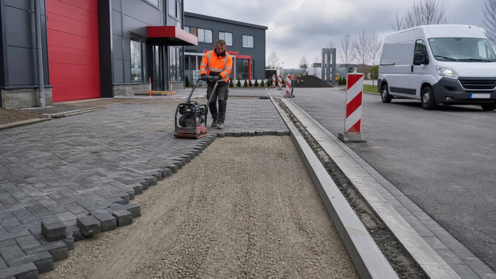 Verdichte bedrijfsverharding in aanleg met trilwals en Nederlandse bestratingsmaterialen