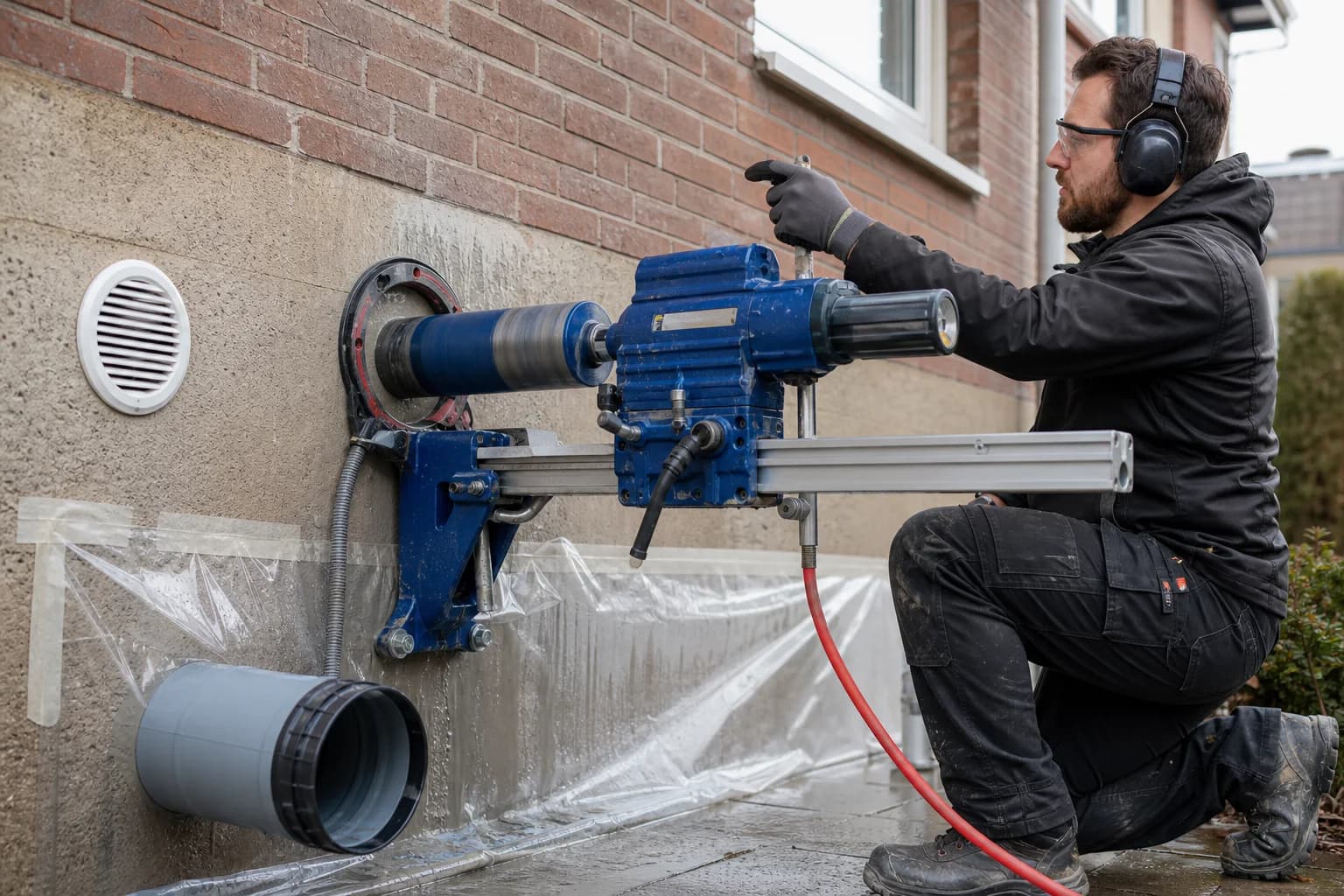 Diamantboor op standaard maakt een ronde geveldoorvoer voor een ventilatiekanaal