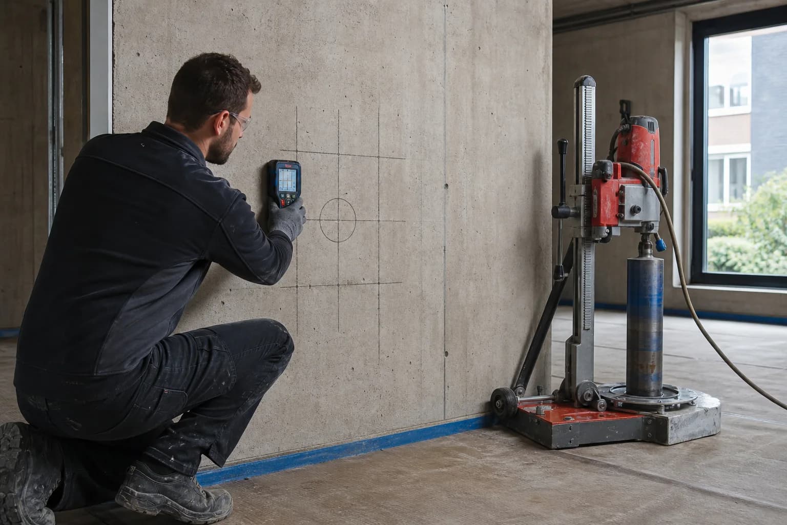 Technicus scant en markeert een betonwand voordat de kernboor wordt opgesteld