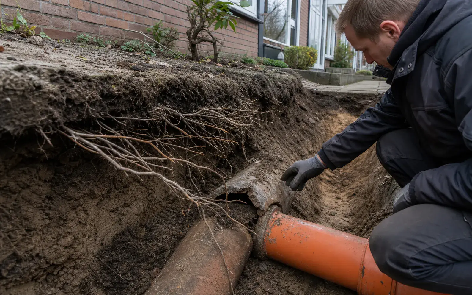 Opengewerkt Nederlands riooltracé met boomwortels rond een beschadigde huisaansluiting