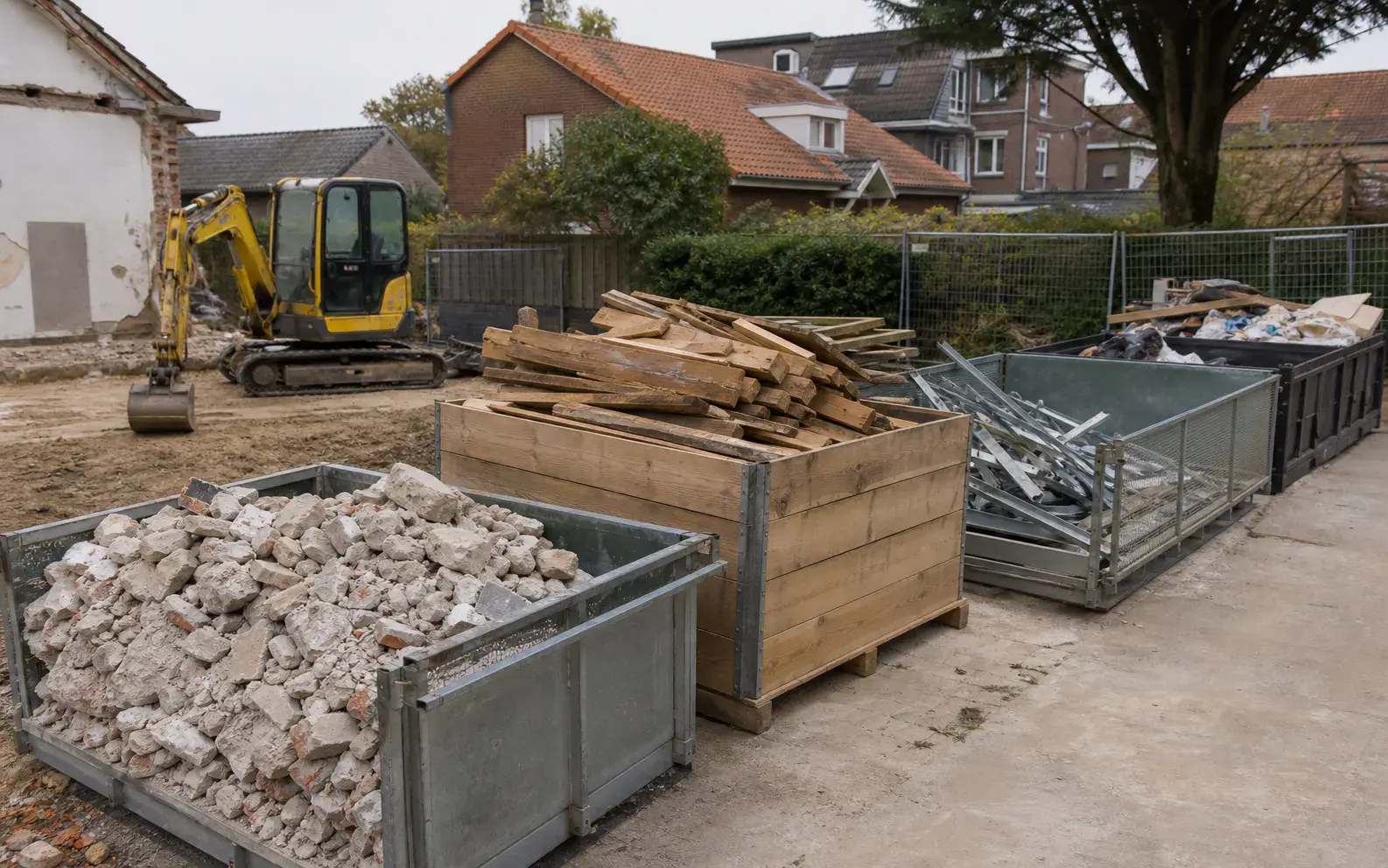 Nederlandse slooplocatie met gescheiden bakken voor hout metaal steen en restmateriaal