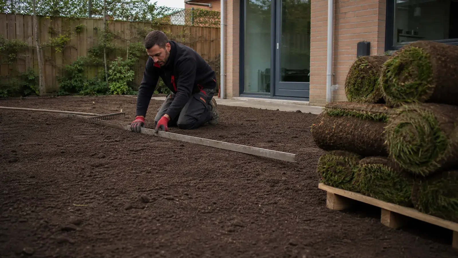 Vlak geëgaliseerde zwarte grond gereed voor graszoden in een Nederlandse achtertuin