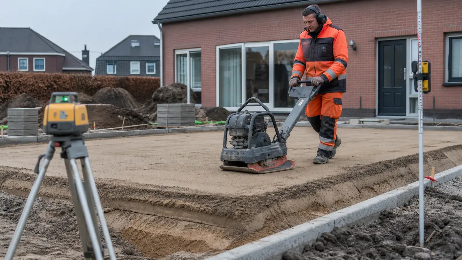 Nederlandse grondwerker verdicht een vlak zandbed met een trilplaat en lasercontrole