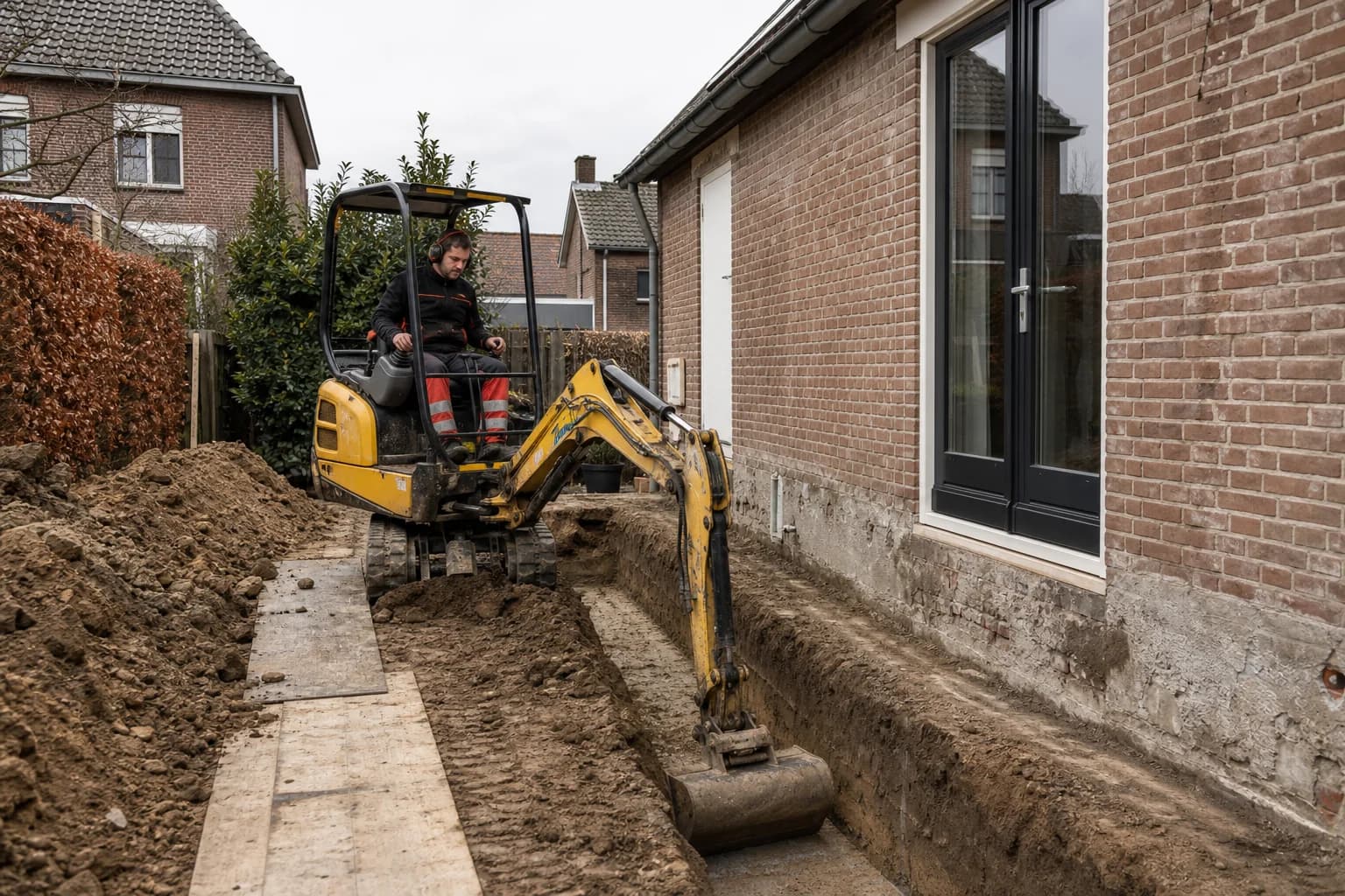 Minigraver graaft een funderingssleuf langs een Nederlandse woning voor een aanbouw