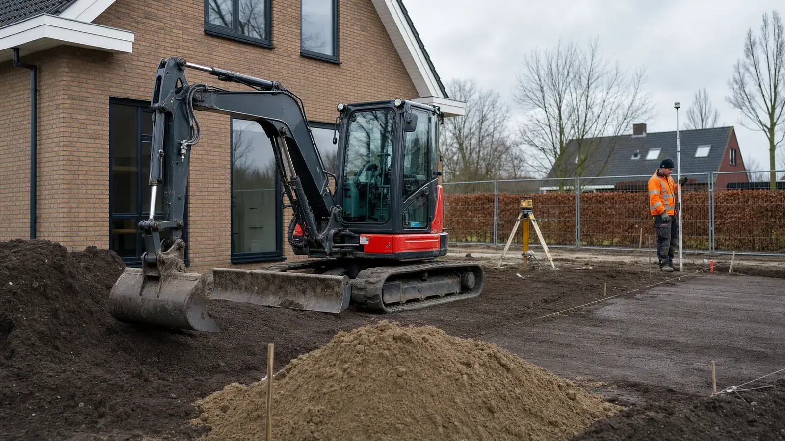 Mobiele graafmachine voert grondwerk uit naast een Nederlandse nieuwbouwwoning