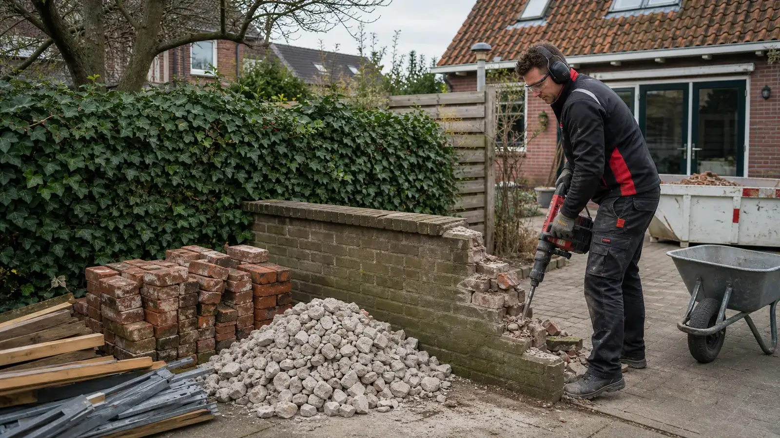 Grondwerker verwijdert gecontroleerd een kleine gemetselde tuinmuur in Nederland