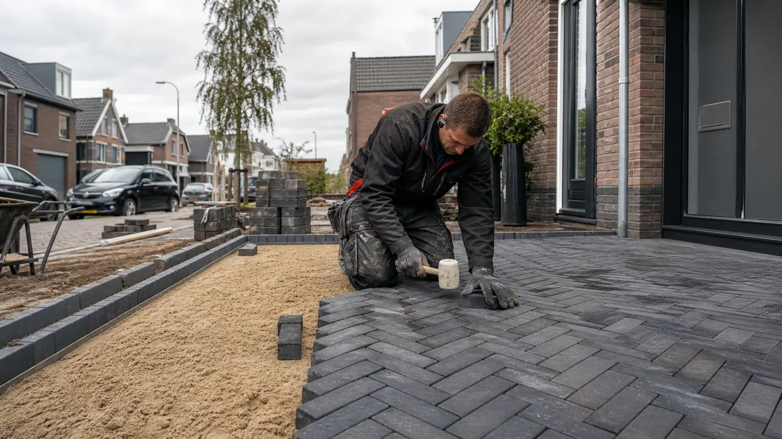 Nederlandse stratenmaker beoordeelt verzakte klinkers in een bestaande oprit