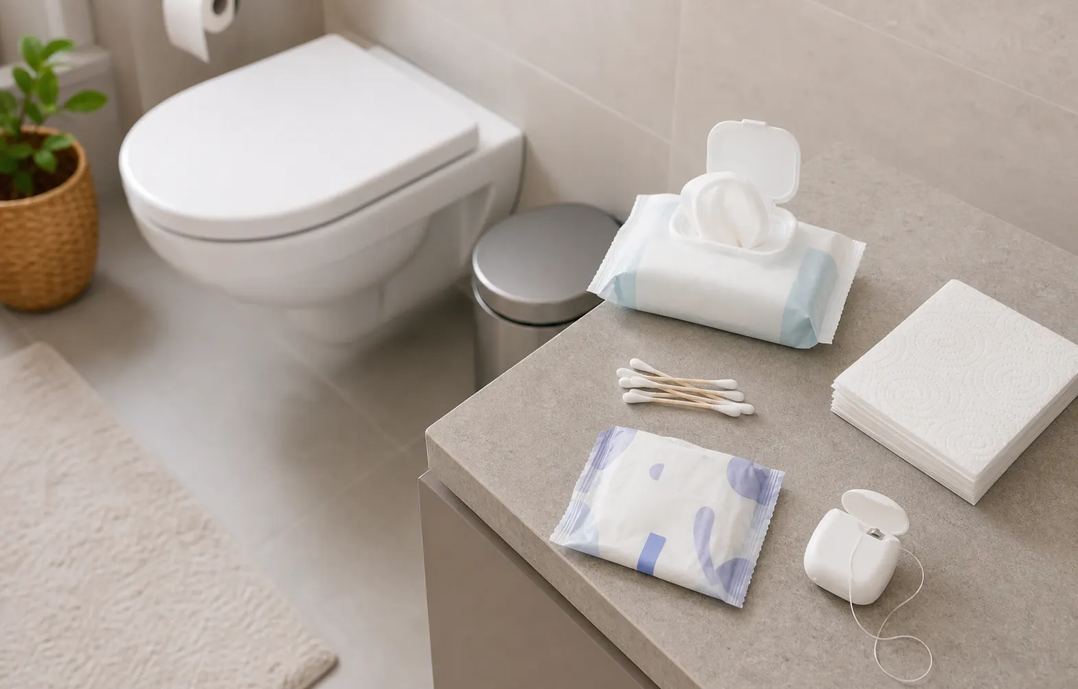 Vijf huishoudelijke afvalproducten naast een Nederlands toilet met duidelijke verbodssymbolen