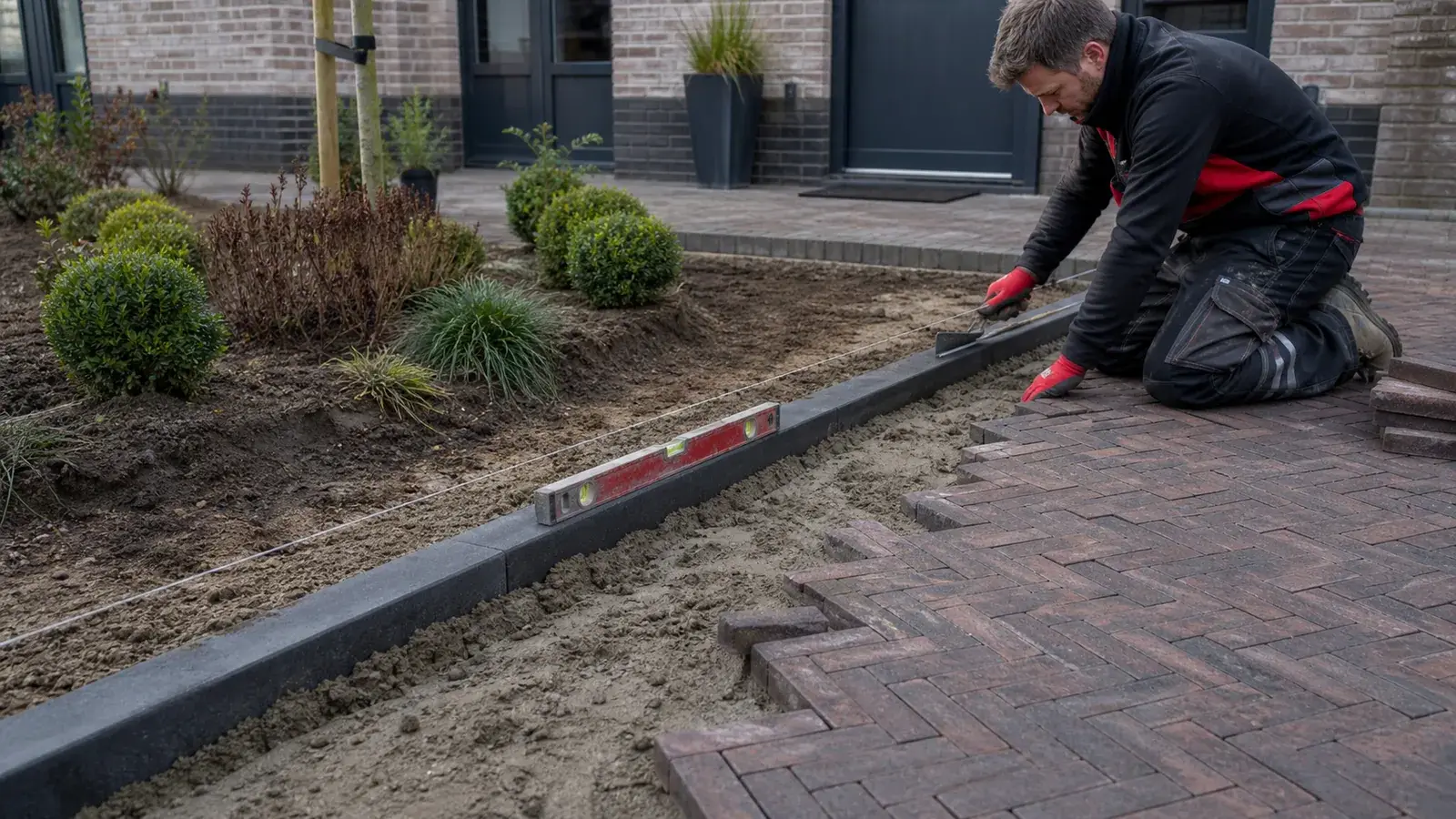 Stratenmaker stelt antraciete opsluitbanden langs een klinkeroprit