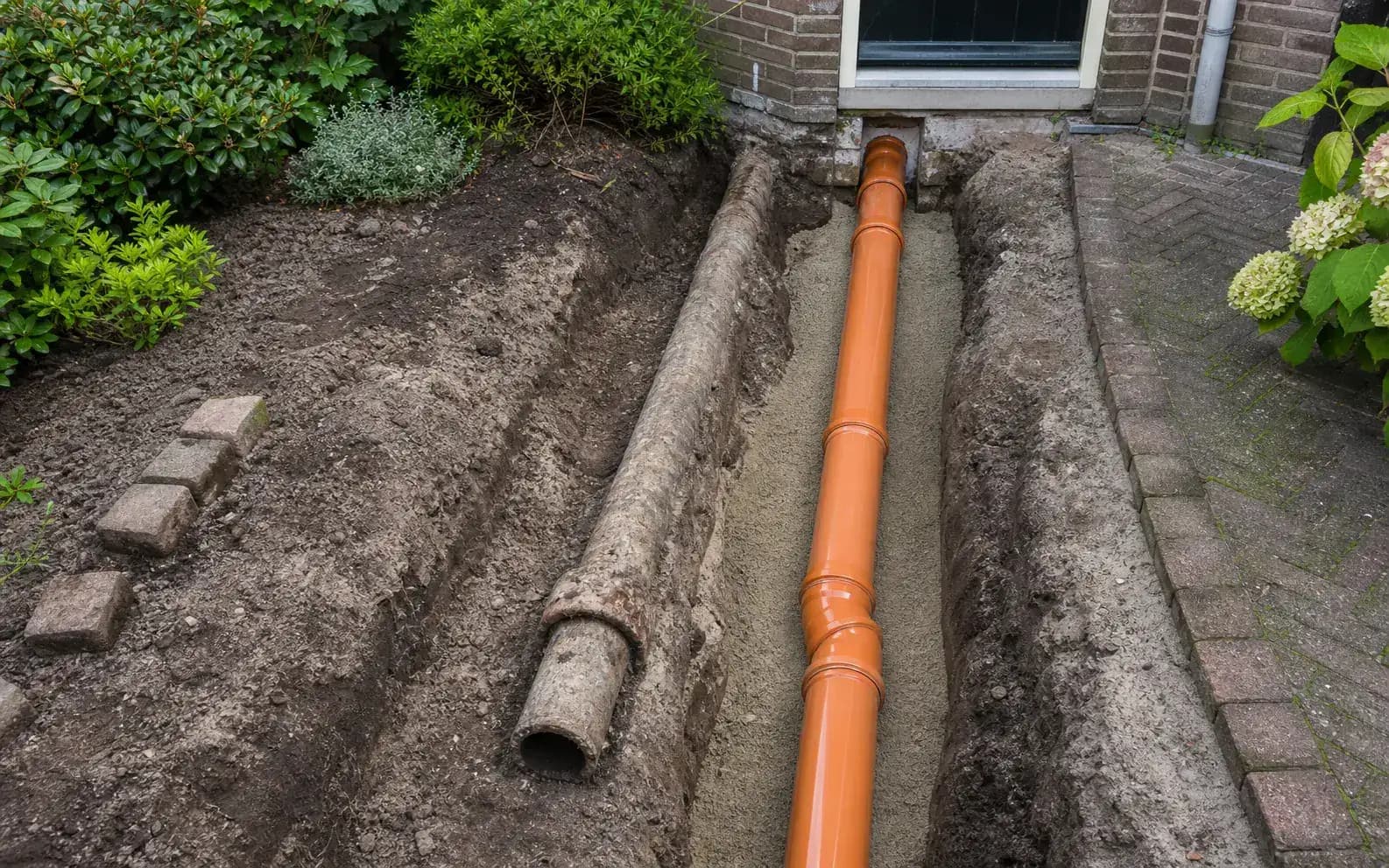 Vergelijking tussen oude gres rioolbuis en moderne oranje kunststof huisriolering in Nederlandse bodem