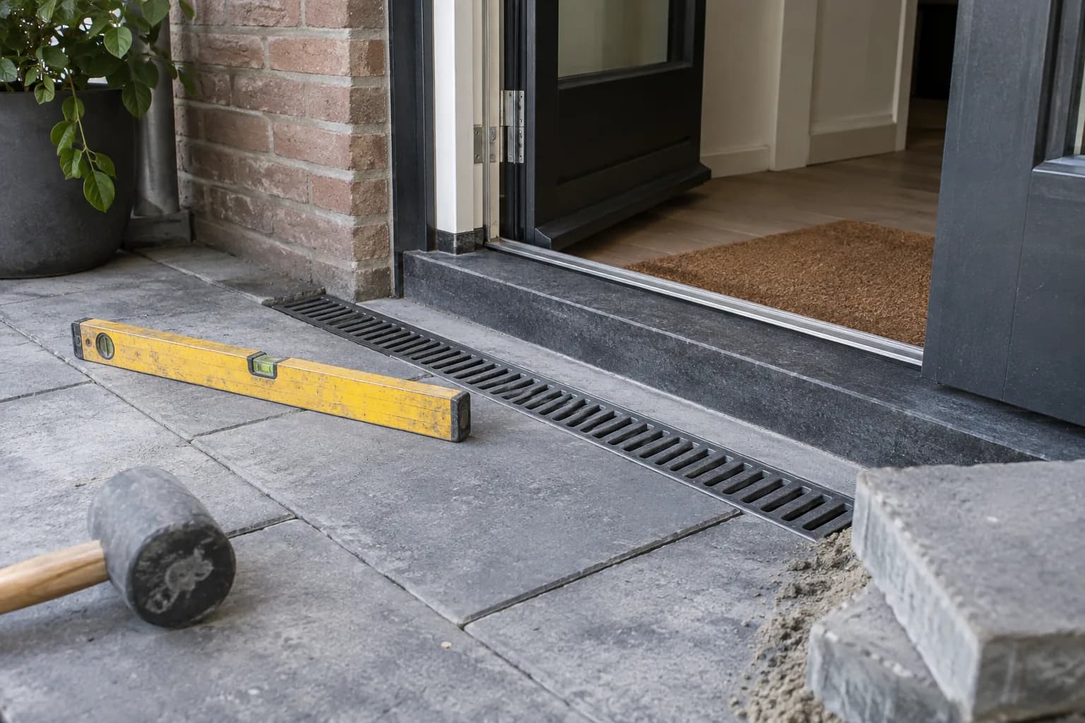 Terrastegels met afvoergoot en waterpas bij een deurdorpel