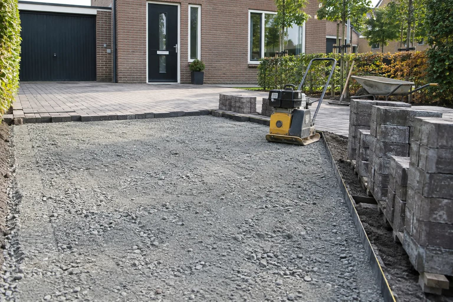 Verdichte funderingslaag met trilplaat en stapels straatstenen voor een oprit