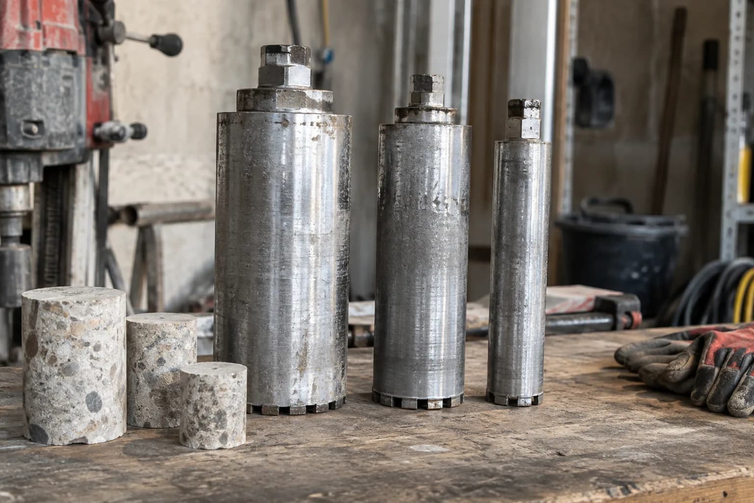 Diamantboorkronen in drie diameters naast cilindervormige betonmonsters