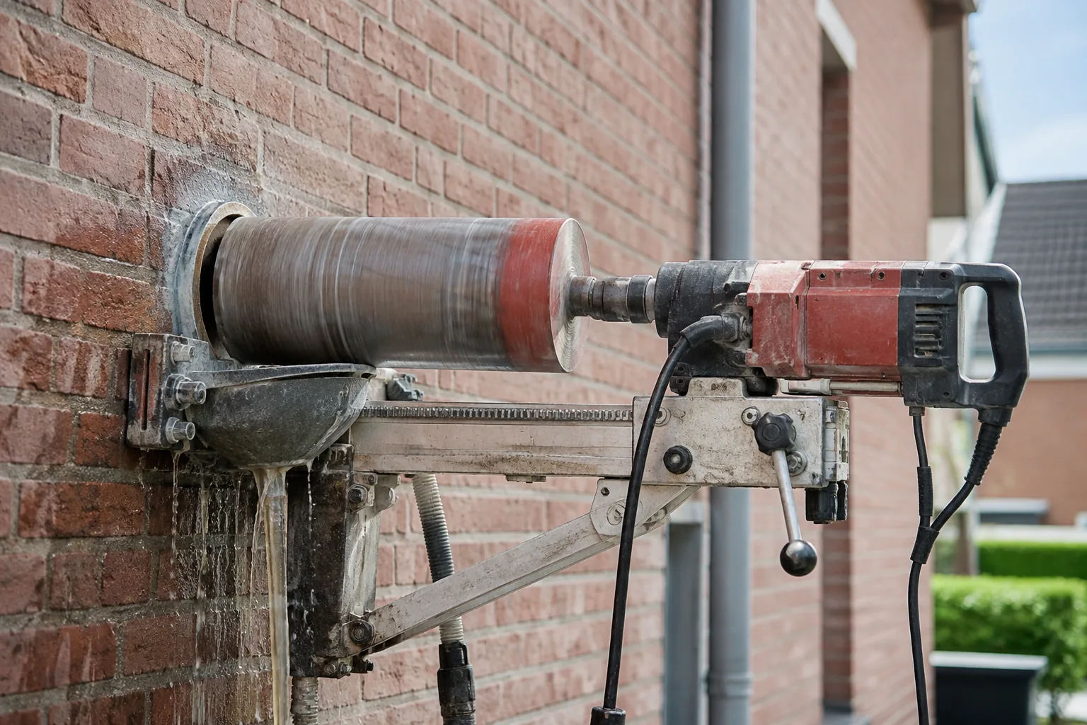 AI-illustratie: diamantboor op een boorstandaard met een wateropvangring tegen een bakstenen gevel, naast een grijze regenpijp