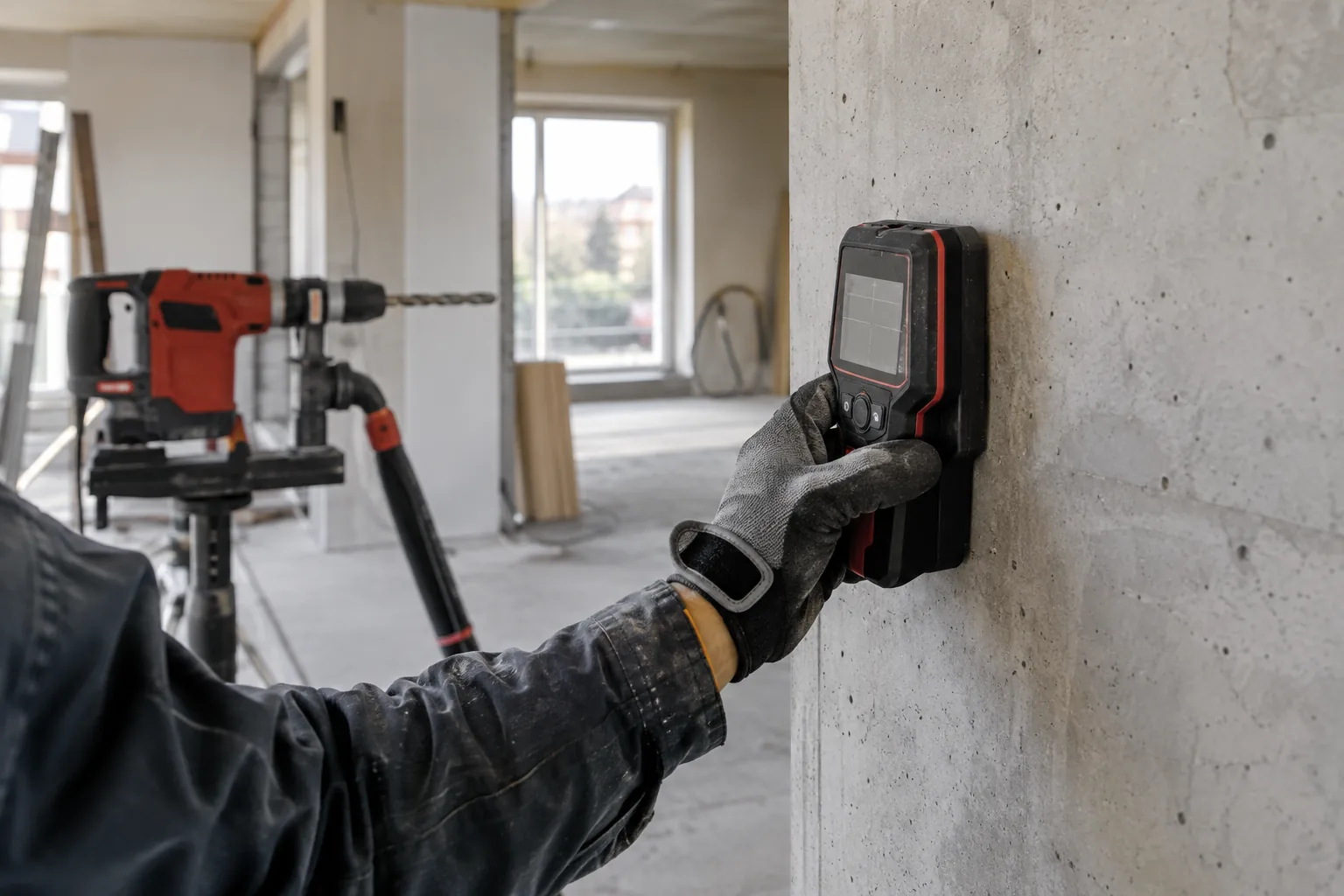 Hand met werkhandschoen houdt een leidingdetector tegen een betonwand