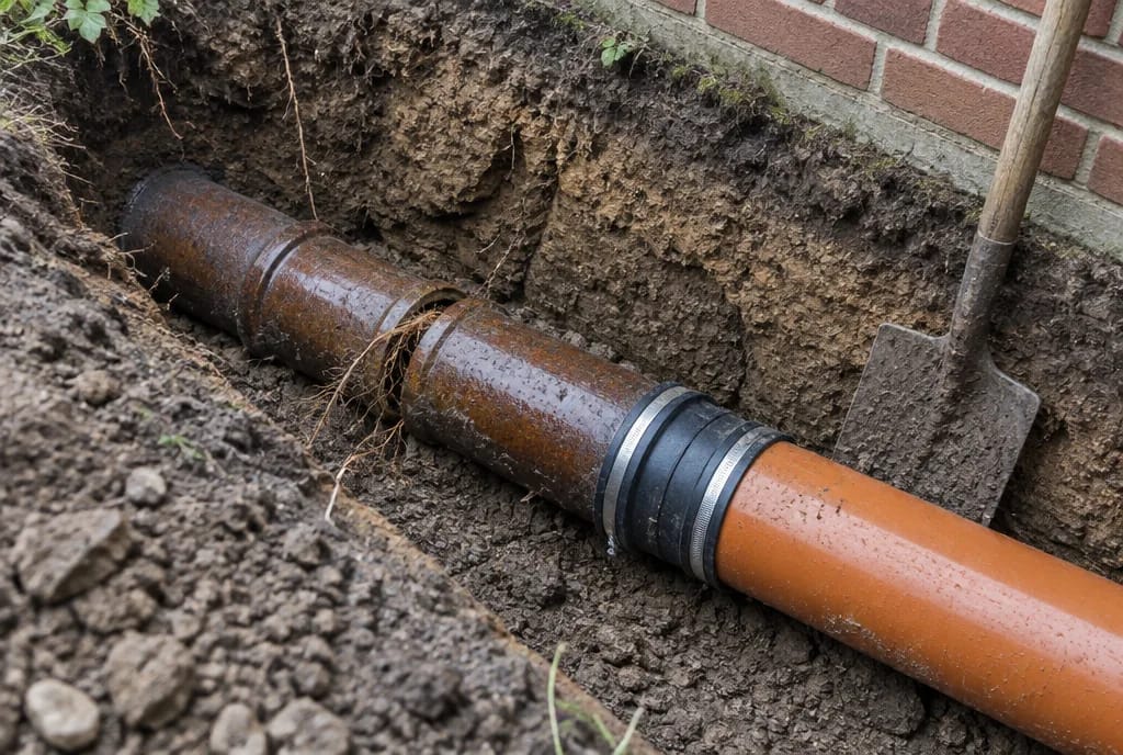 AI-illustratie: oude bruine gresbuis met moffen in een sleuf in de tuin, aangesloten op een nieuwe pvc-rioolbuis