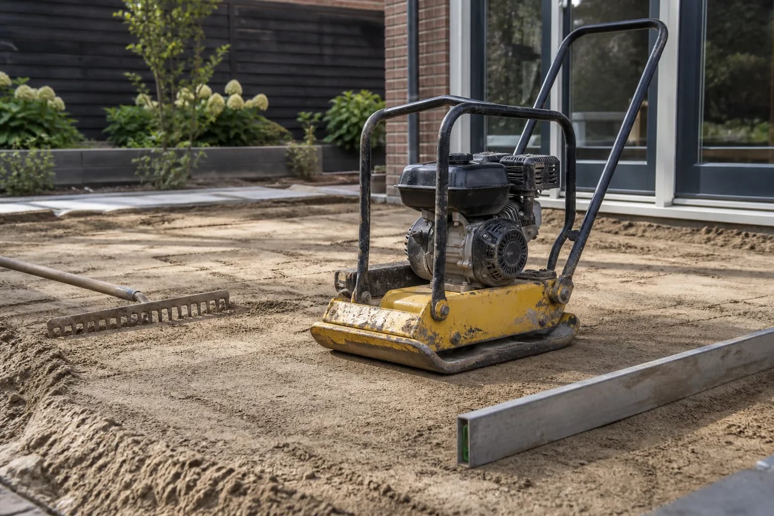 Trilplaat en afreilat op een voorbereid zandbed voor bestrating