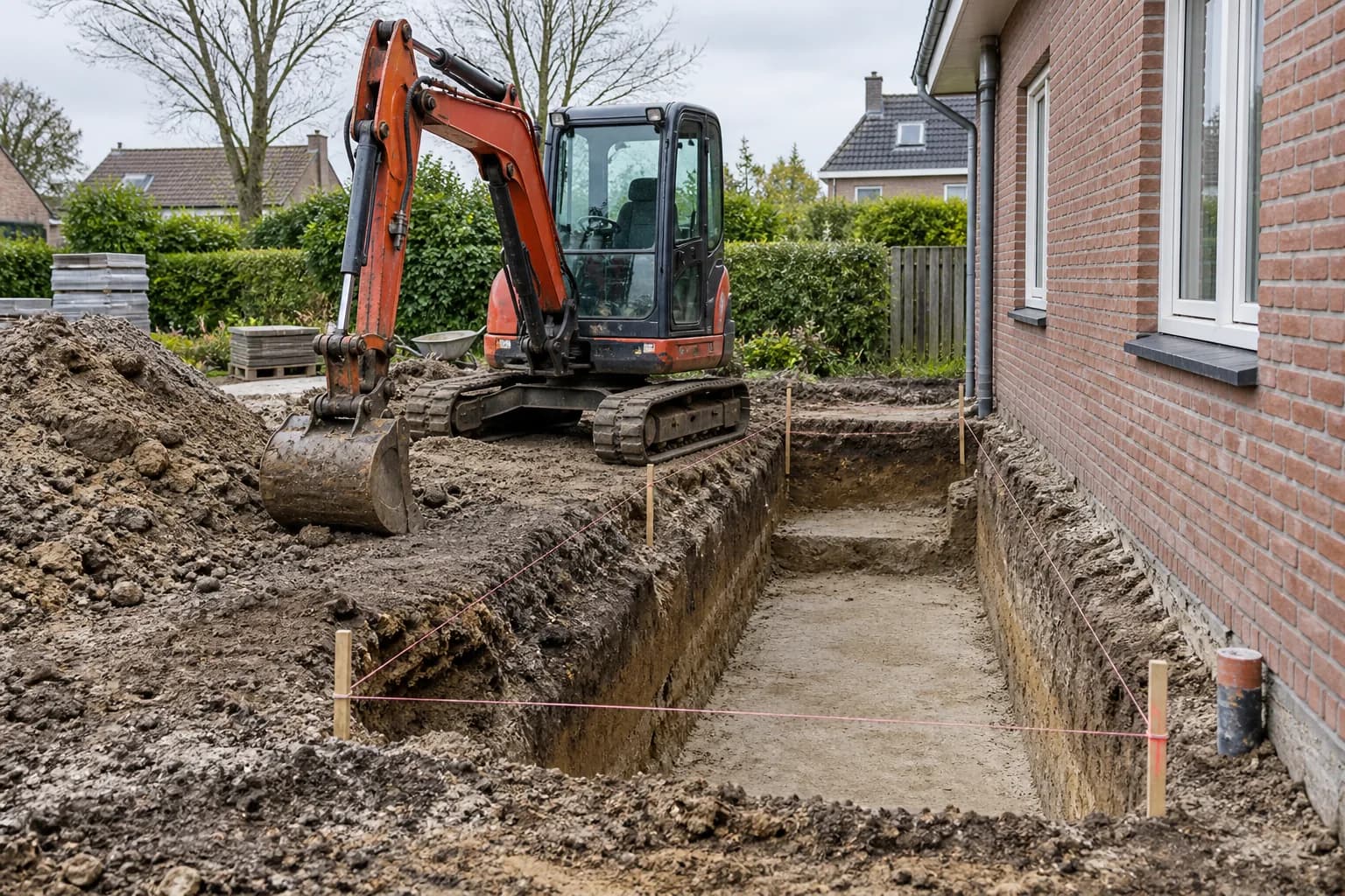 Minigraver naast een uitgegraven funderingssleuf bij een bakstenen woning