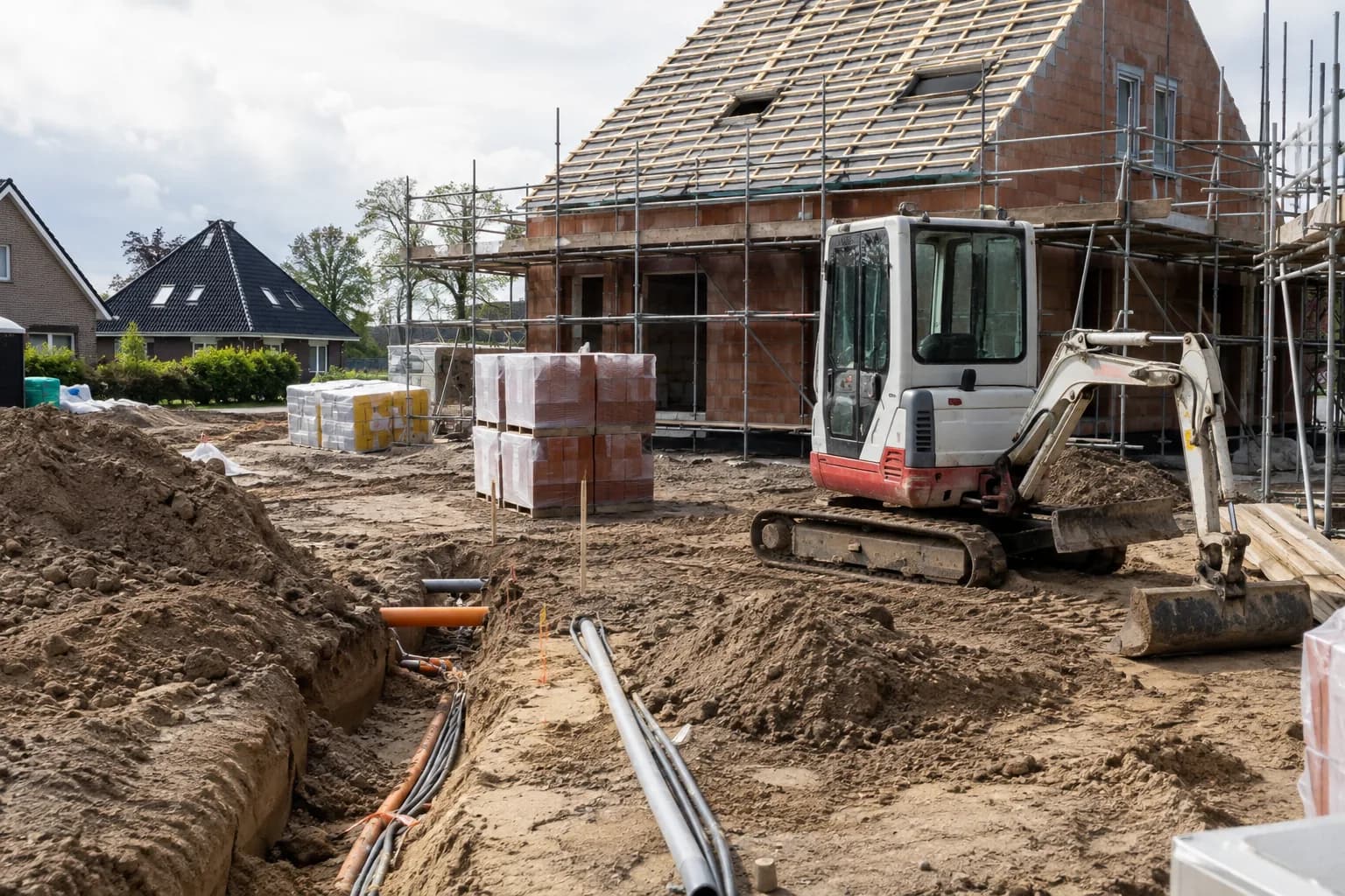 Nieuwbouwwoning met minigraver, leidingtracé en opgeslagen bouwmaterialen