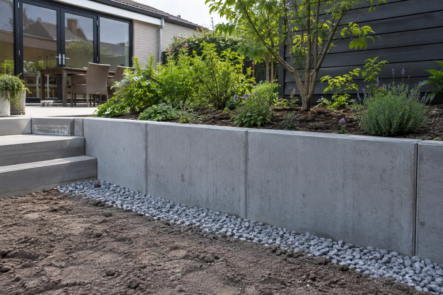Lage betonnen keerwand tussen twee hoogteniveaus in een tuin