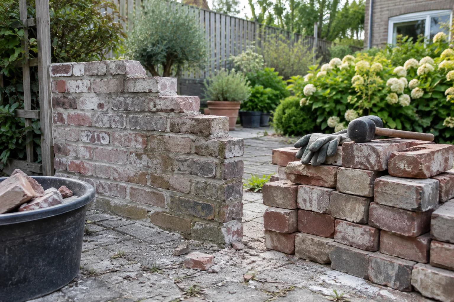 Gedeeltelijk afgebroken tuinmuur met gestapelde bakstenen en handgereedschap