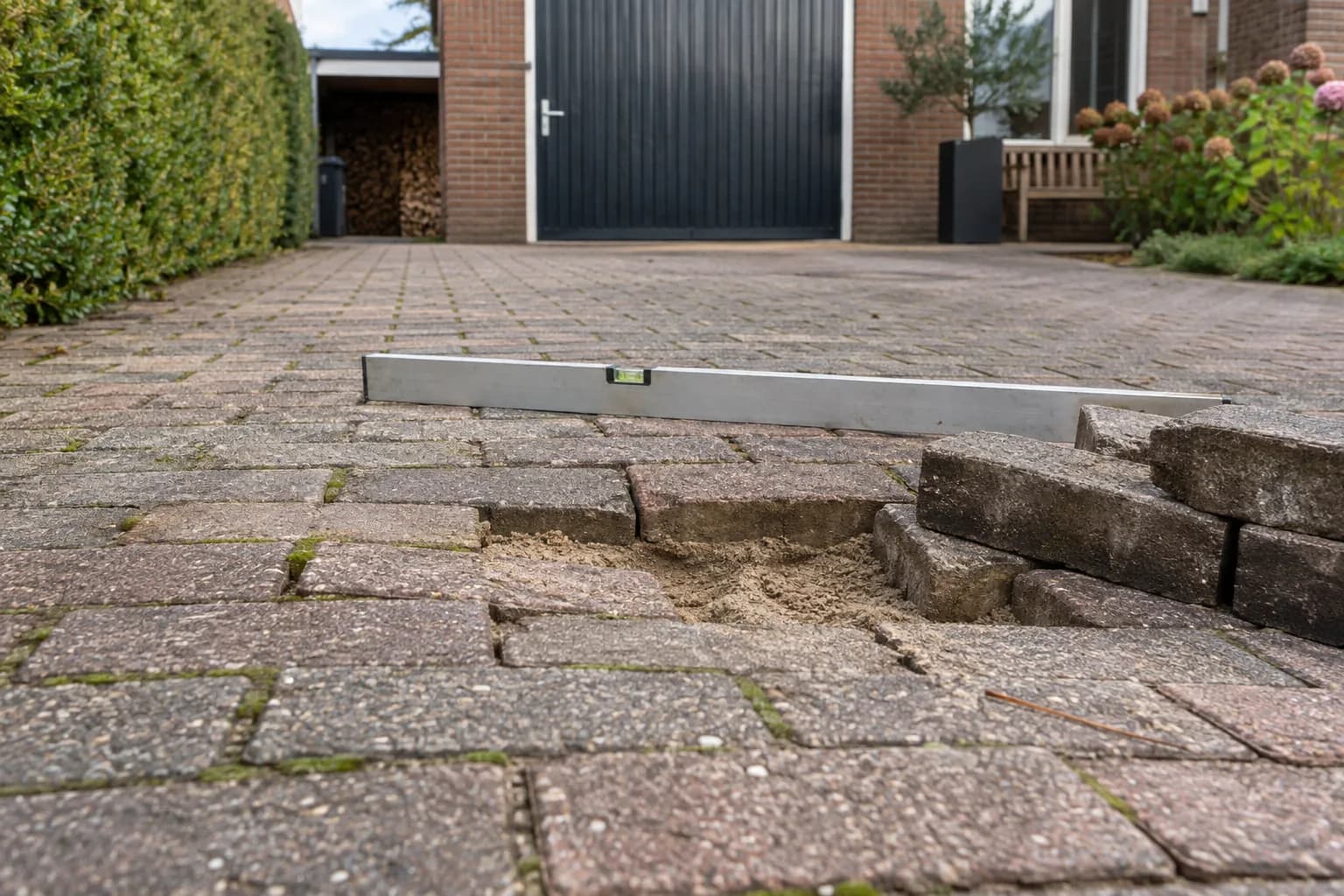 Verzakte klinkeroprit met waterpas en opgetilde straatstenen