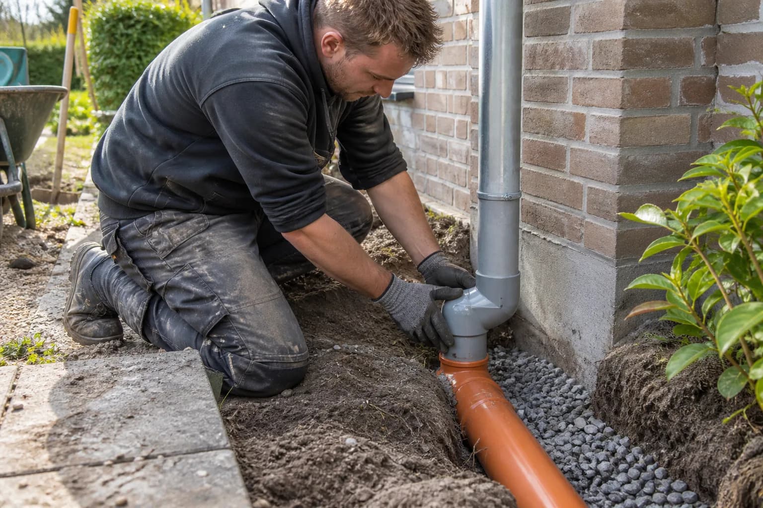 Vakman sluit een regenpijp aan op een ondergrondse hemelwaterleiding