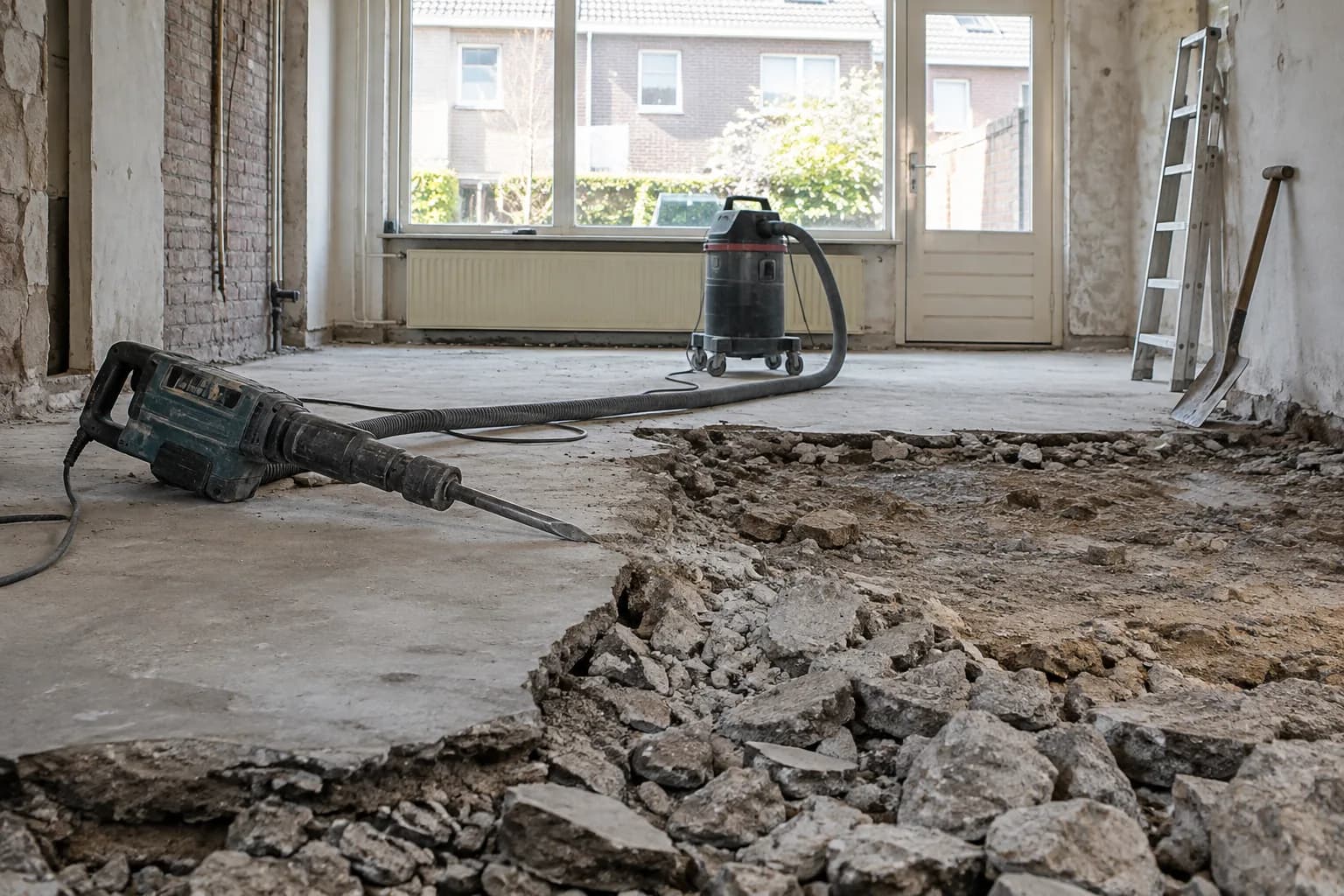 Gedeeltelijk verwijderde betonvloer met breekhamer en stofzuiger in een renovatieruimte
