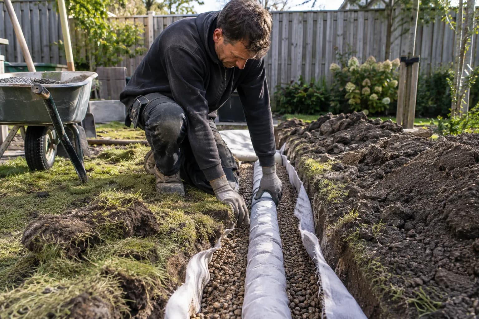 Vakman legt een omhulde drainagebuis in een met grind gevulde tuinsleuf