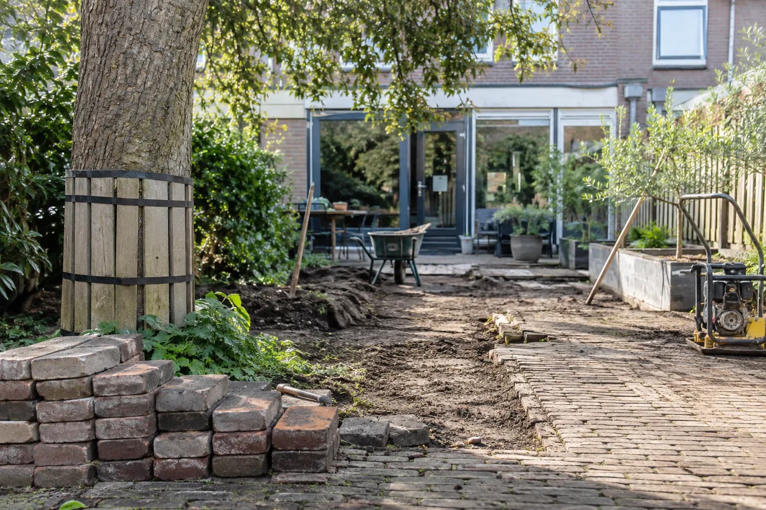 Tuinrenovatie met beschermde boomstam en gestapelde herbruikbare klinkers