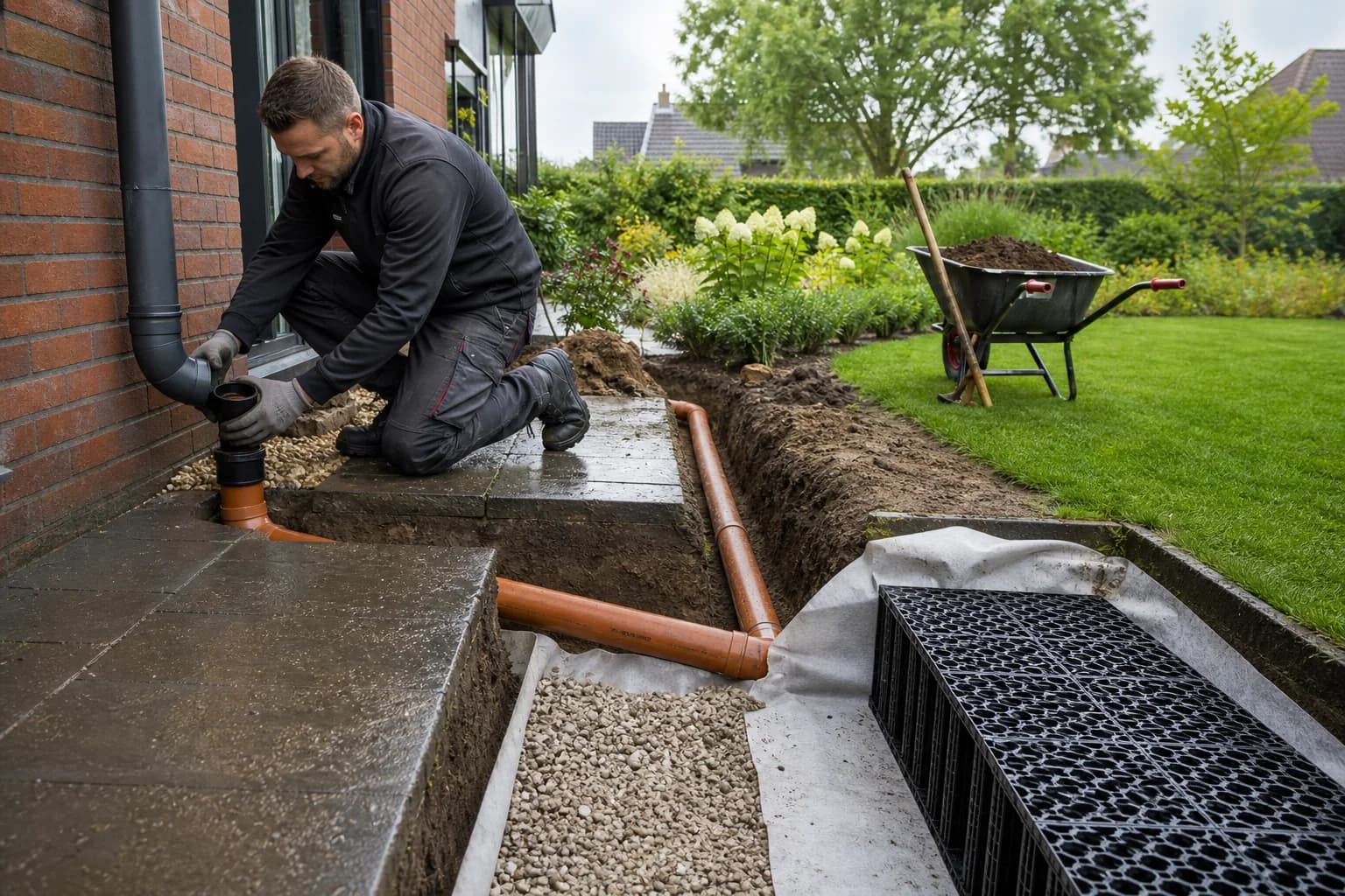 Vakman koppelt een regenpijp af naar een infiltratievoorziening in een Nederlandse tuin