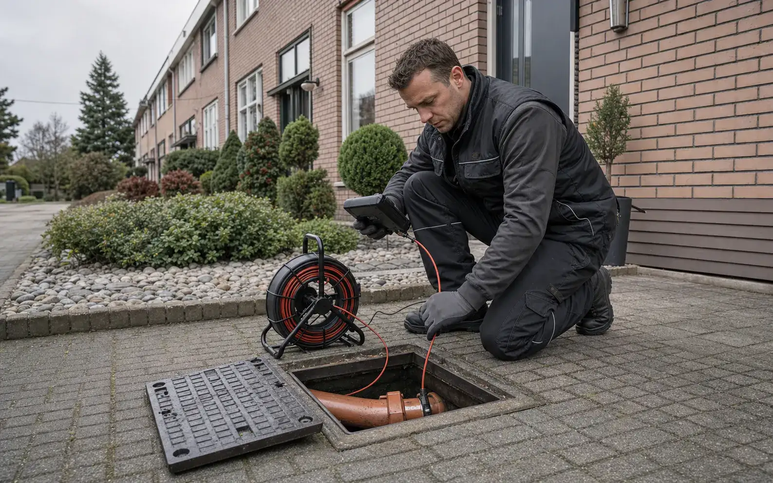 Nederlandse rioolvakman inspecteert een ontstoppingsstuk bij een woning met beschermende kleding