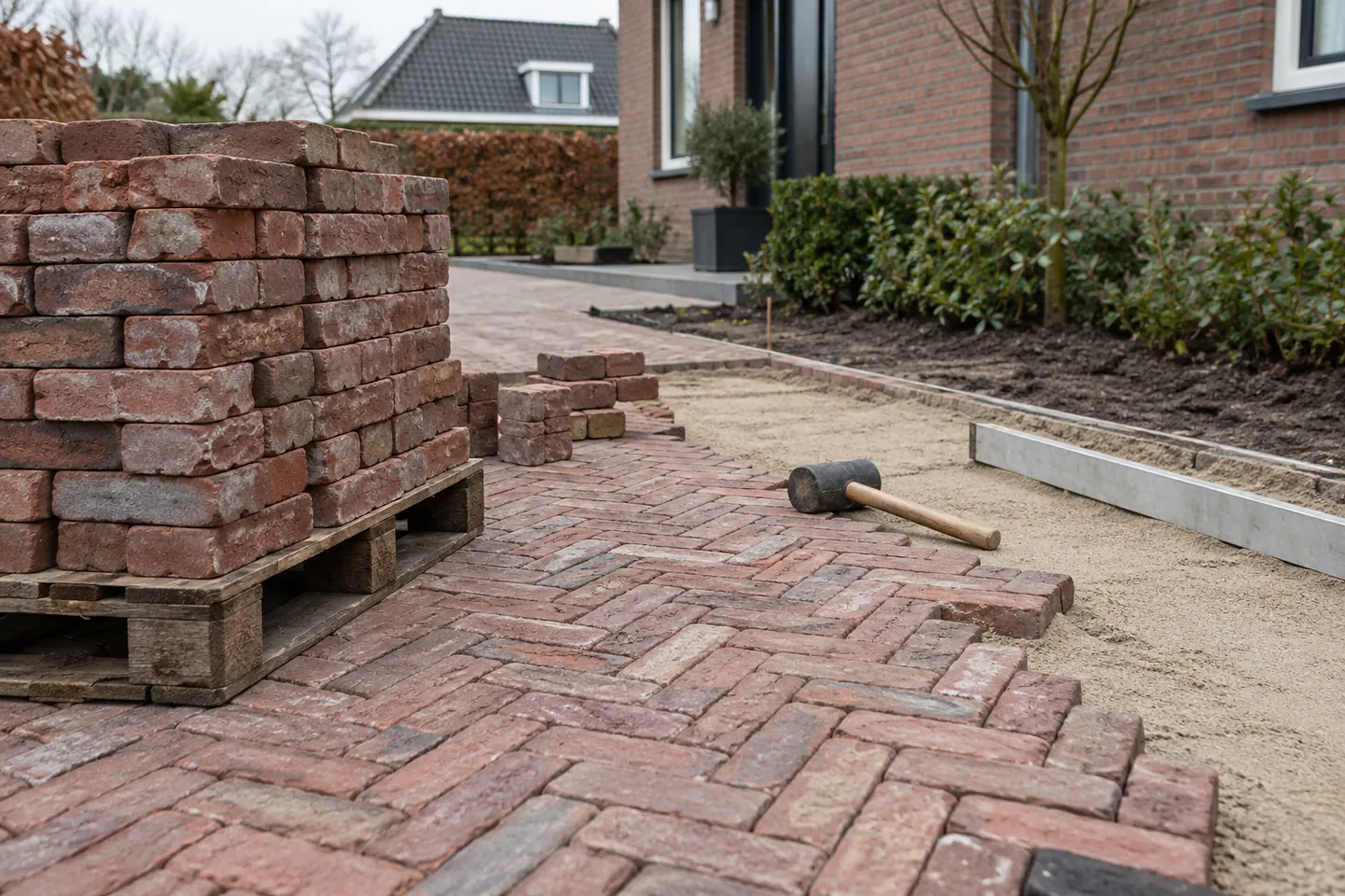 AI-illustratie: Gebruikte klinkers op een pallet naast opnieuw gelegde bestrating en een zandbed