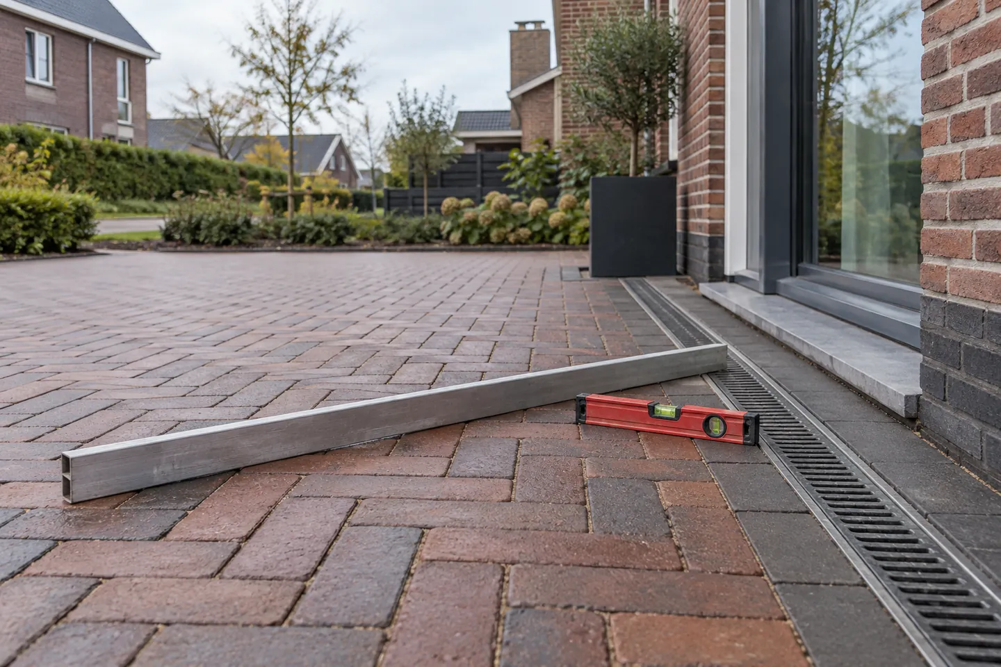 AI-illustratie: Reilat en waterpas op afgewerkte klinkerbestrating naast een afvoergoot