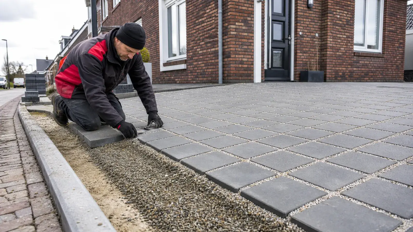 Detail van waterdoorlatende bestrating met open voegen bij een Nederlandse woning