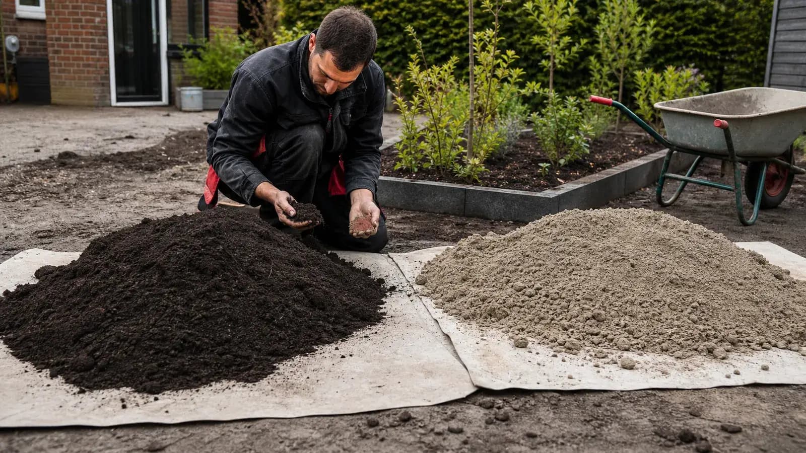 Schone donkere teelaarde wordt verdeeld in een Nederlandse voortuin